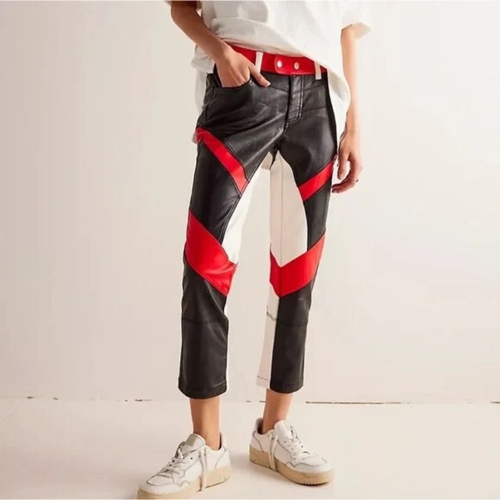 Free People We The Free Black Red Color Block Rebel Vegan Leather Pants NWT